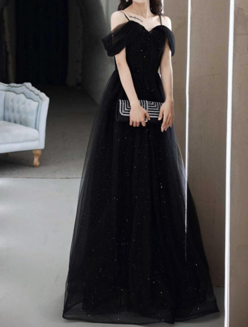 Black Tulle Prom Dressglitter off Shoulder Slip Prom Etsy