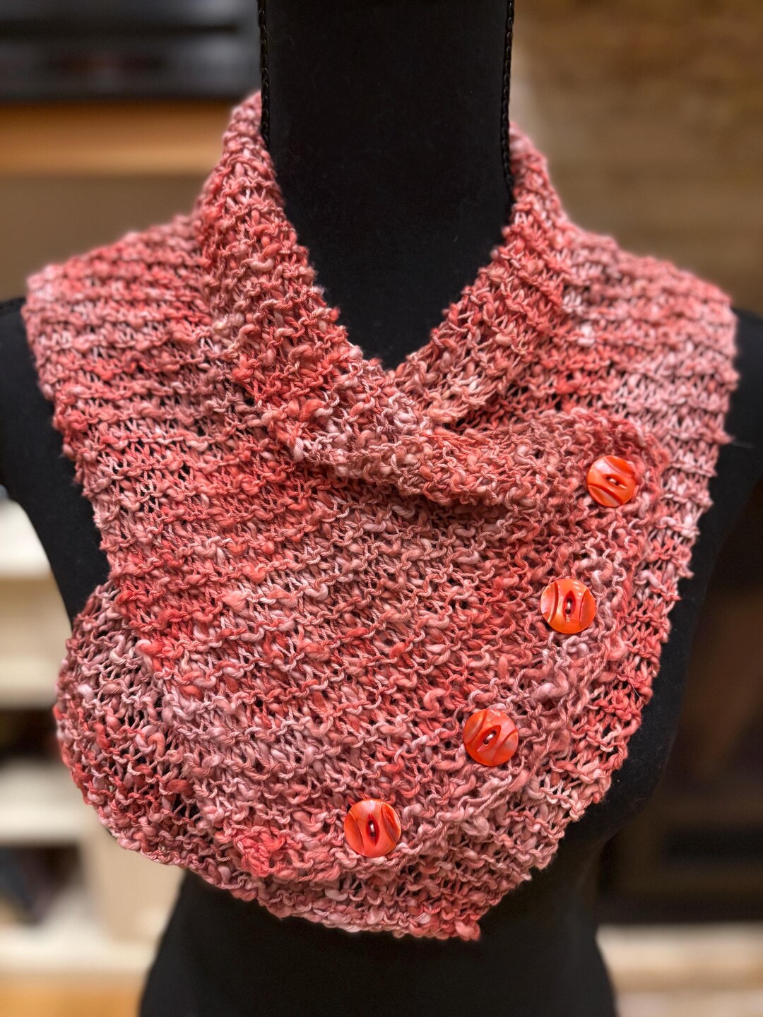Hand Knit Cotton Boucle Neck Warmer Scarf With Vintage Buttons, Pink ...