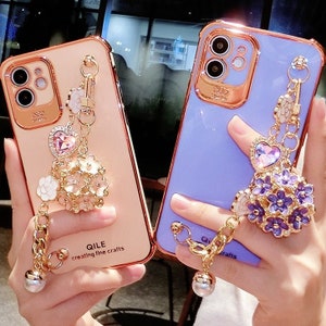 Luxury Plating Bling Camellia Gem Bracelet Phone Case