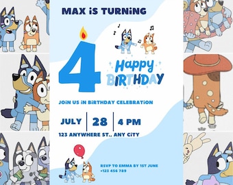 Bluey Birthday Invitation | Editable Canva Template | Digital Party Invite | Instant Download | Printable Bluey Card for Kids
