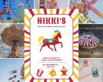 Editable Carnival Birthday Invitation – Circus Theme Kids Party Invite – Instant Download Printable Template