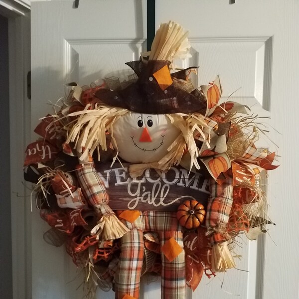 Welkom Y'all Fall Wreath , Fall Mesh Wreath, Fall Wreath, Scarecrow Wreath , Indoor Wreath