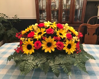 Sunflower Cemetery Saddle, Sunflower and Rose Cemetery Arrangement, Cemetery Flowers, Summer Floral, Sunflower Arrangement