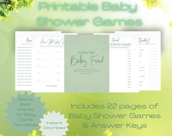 Könnte beinhalten: Druckbare Babyparty-Spiele in grün-weißem Farbschema. Die Spiele beinhalten "Wie alt war das Baby", "Errate das Babyessen", "Babyparty-Bingo" und "Papa oder Mama".