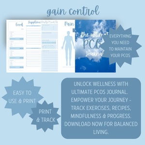 K&ouml;nnte beinhalten: Ein blaues und wei&szlig;es druckbares Tagebuch mit dem Text "the ultimate PCOS journal" und "EVERYTHING YOU NEED TO MAINTAIN YOUR PCOS". Das Tagebuch soll Menschen helfen, ihr polyzystisches Ovarialsyndrom (PCOS) zu bew&auml;ltigen.