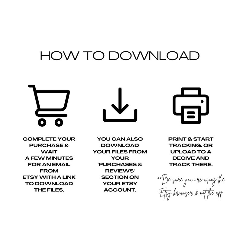 K&ouml;nnte beinhalten: Schwarz-wei&szlig;-Illustration, die zeigt, wie man digitale Dateien von Etsy herunterl&auml;dt. Die Illustration zeigt einen Einkaufswagen, einen Download-Pfeil und einen Drucker. Der Text lautet: "HOW TO DOWNLOAD", "COMPLETE YOUR PURCHASE & WAIT A FEW MINUTES FOR AN EMAIL FROM ETSY WITH A LINK TO DOWNLOAD THE FILES.", "YOU CAN ALSO DOWNLOAD YOUR FILES FROM YOUR 'PURCHASES & REVIEWS' SECTION ON YOUR ETSY ACCOUNT.", "PRINT & START TRACKING. OR UPLOAD TO A DEVICE AND TRACK THERE.", "Be sure you are using the Etsy browser & not the app"
