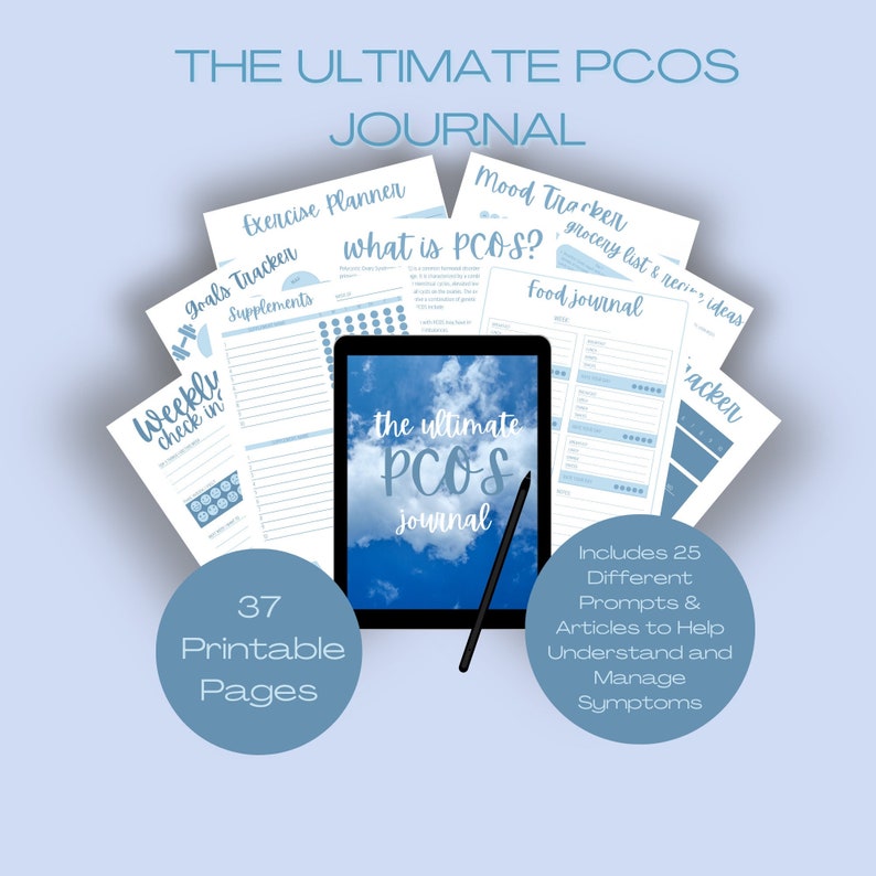 K&ouml;nnte beinhalten: Ein digitales Tagebuch zur Bew&auml;ltigung von PCOS-Symptomen. Das Cover zeigt einen blauen Himmel mit wei&szlig;en Wolken und den Text "the ultimate PCOS journal". Das Tagebuch enth&auml;lt 37 druckbare Seiten mit verschiedenen Aufforderungen und Artikeln, die helfen, die Symptome zu verstehen und zu bew&auml;ltigen.