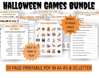 May include: A printable Halloween games bundle with 50 pages of games, including a cryptogram, mad libs, trivia, bingo, word search, emoji picture, and riddles. The games are easy to print and play.
