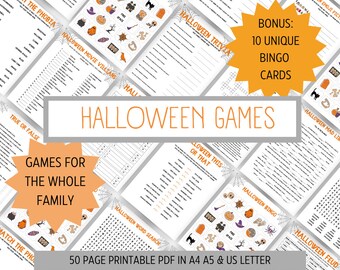 May include: A collection of printable Halloween games for the whole family. The games include bingo, trivia, word search, mad libs, true or false, this or that, and more. The games are designed to be printed on A4 or US letter size paper. The text on the image reads "Halloween Games", "Games for the whole family", "50 page printable PDF in A4 A5 & US Letter", and "Bonus: 10 Unique Bingo Cards".