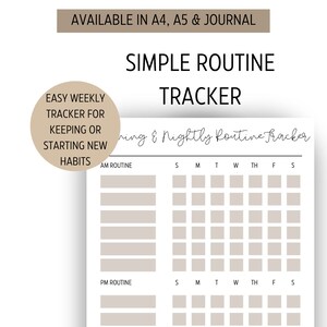 May include: A printable weekly routine tracker with sections for AM and PM routines. The tracker is designed for keeping or starting new habits. The text "Morning & Nightly Routine Tracker" is written in cursive at the top of the page.