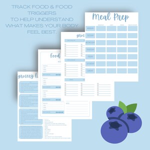 K&ouml;nnte beinhalten: Drei druckbare Arbeitsbl&auml;tter f&uuml;r die Men&uuml;planung und den Lebensmitteleinkauf. Die Arbeitsbl&auml;tter sind wei&szlig; mit blauen Akzenten und enthalten den Text "Meal Prep", "Einkaufsliste" und "Food Triggers".