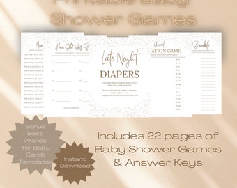 Babyshower-spelpaket l Babyshower-aktiviteter l Utskrivbara babyfestspel l Minimalistisk babyshower l Babyshower-spel l Brun