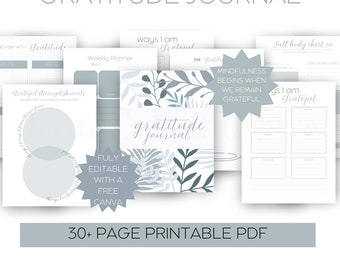 May include: A printable gratitude journal with a blue and white floral design. The journal includes pages for weekly planning, daily gratitude, mindful reflection, and more. The text "gratitude journal" is written in cursive on the cover.