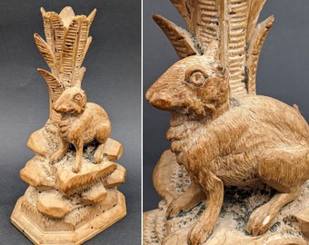 Vintage Sandlewood Carving of a Hare and Tree Candleholder/Epergne, Black Forest Style Blonde Wood Hare Figurine/Holder.