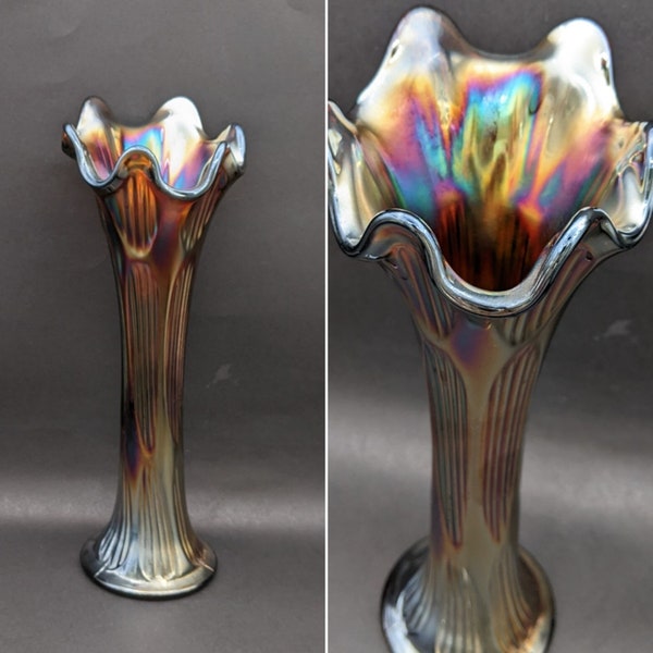 FENTON Carnival Glass Diamond and Ribbed Amethyst Swung Vase, Vintage 29cm/11" Iridescent Glass Six Finger Vase.