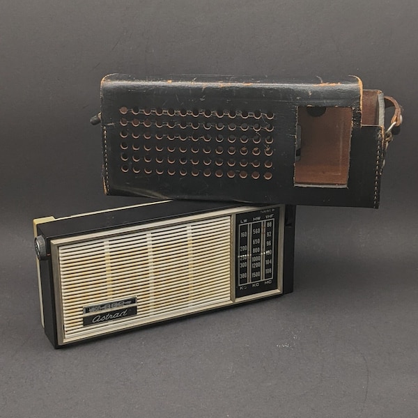 Vega ASTRAD 1970's Transistor Radio with Leather Carrying Case, USSR Radio F3TR AFC-FM9-R302, Retro Radio Film Prop, Function Unknown.