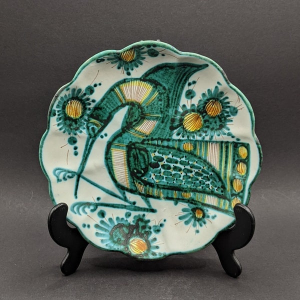 F. Rufinelli Assisi 1960's Art Pottery Bird Wall Plate, Vintage Italian Rufinelli Handpainted Scalloped Shallow Bowl Plaque.