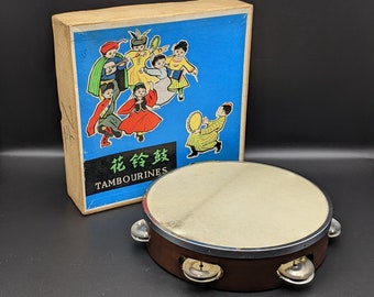 Vintage Chinese houten tamboerijn, speelgoedtamboerijn uit de jaren 60 in originele doos, Volksrepubliek China.