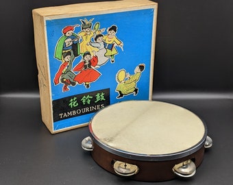 Vintage Chinese Wooden Tambourine, 1960's Toy Tambourine in Original Box, People's Republic of China.