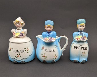 1950's Kitsch 'Arnart Creations' Figural Milk, Sugar & Pepper, Made in Japan Tableware, Vintage Dutch Figures Sugar, Creamer, Pepper Shaker.