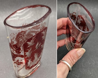 Antique Bohemian Ruby Flashed and Engraved Oval Glass (Friendship Glass?) 19th Century, Unusual Long Oval Shaped Glass, Bird & Vines Pattern
