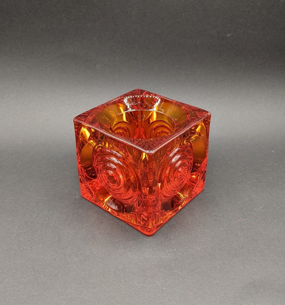 VIKING GLASS Persimmon 'bullseye' Candleholder, Mid Century Heavy Block