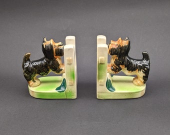 Vintage Scottie Dog Porcelain Bookends, Made in Japan Scottish Terrier Figurine Bookends, Kitsch 1960's Doggie Bookends.
