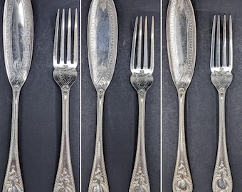 MARTIN HALL & Co Antique Silverplated Fish Knives and Forks x 3 Sets, 1899 Sheffield Hallmark Victorian Ornate Neoclassical Pattern Flatware