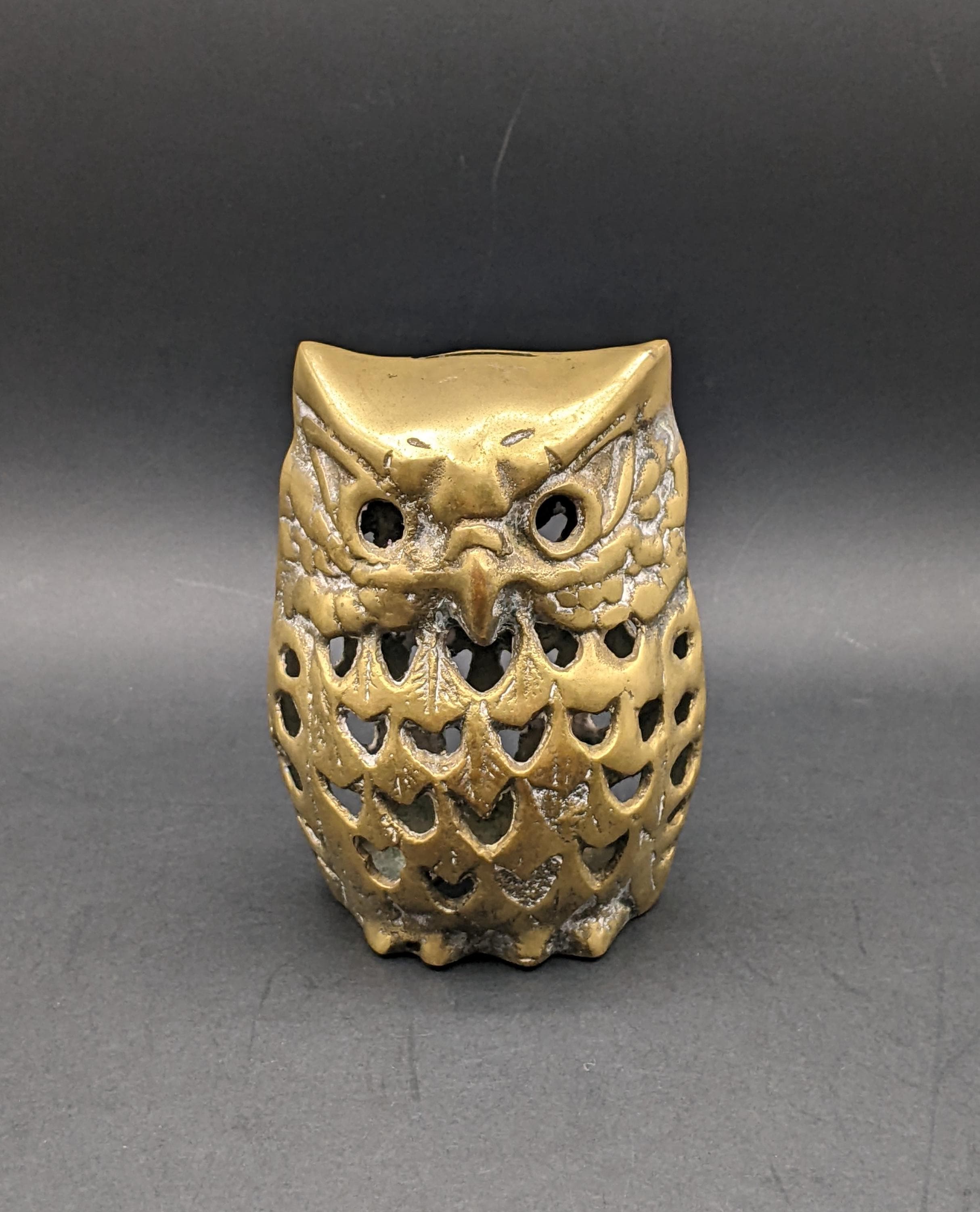 Vintage Brass Owl Coin Bank, Rustic Aged Brass Owl Votive Holder, Wise Old Owl Brass Money Bank, Ori
