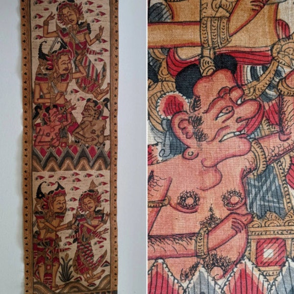 Panel pintado 'Kamasan' balinés vintage, escenas 'Ramayana' pintadas a mano en tela, pintura tradicional de arte popular de Bali.
