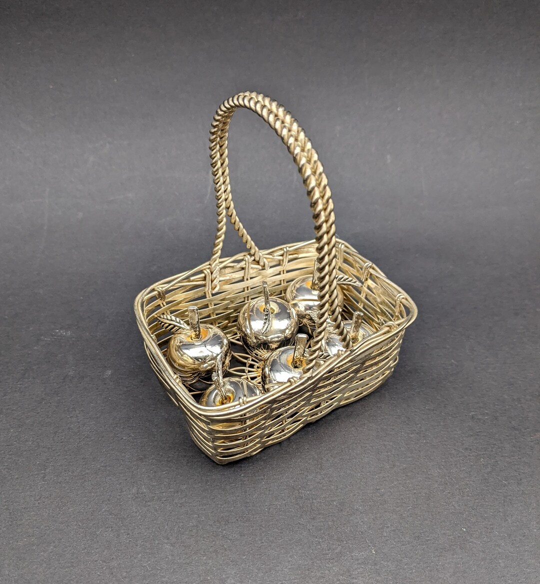 Vintage Apple Place Card Holders in Basket, Silver Plated Six Piece