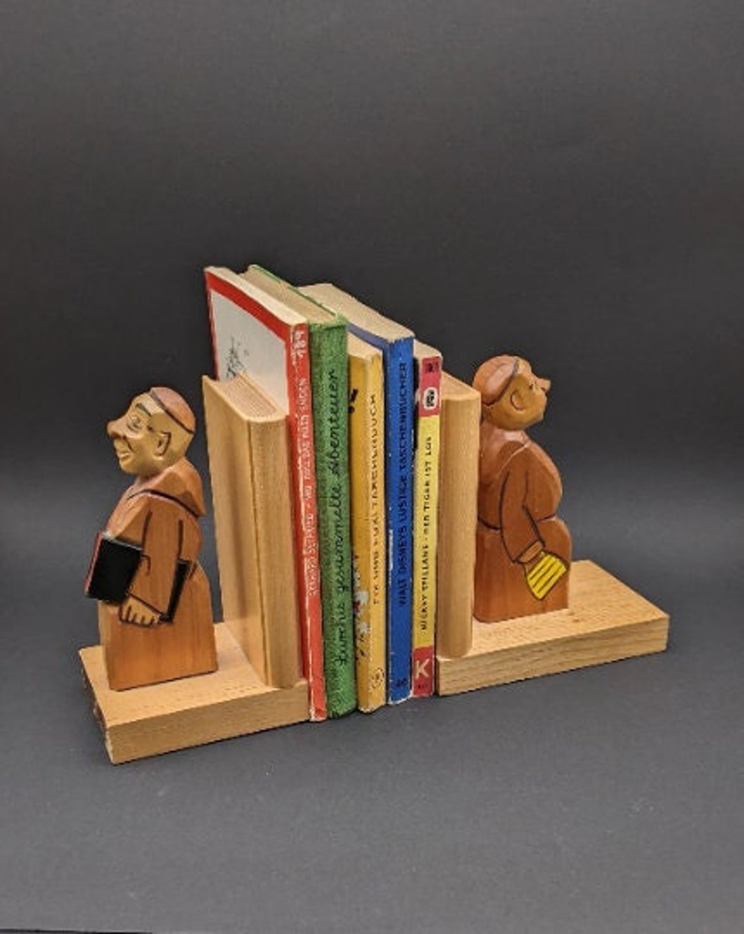 Wooden Monk Bookends, Pair of Vintage Handcarved German Monk Book Stops