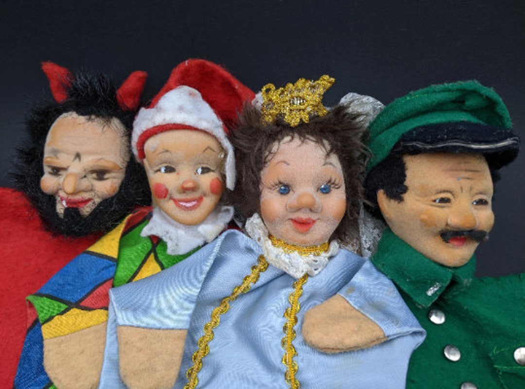 Vintage German Hand Puppets, Four Flocked Rubber Head Character Glove
