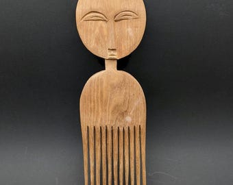 African Akan/Ashanti Wooden Comb "DUAFE", Figural Wooden Hair Comb, Stylised Head with Narrow Neck Long Toothed Traditional Comb.
