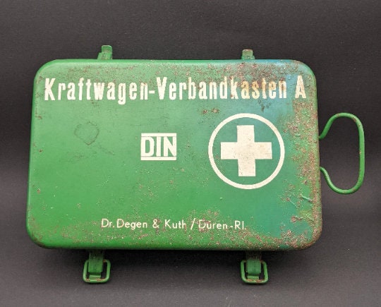 1963 German First Aid Kit for Car With Contents, Metal First Aid Box  Kraftwagen, Vintage Medical Box and Supplies, Historical Film Prop. 