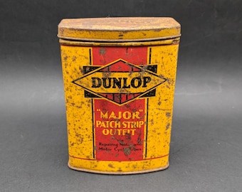 Lata vintage DUNLOP 'Major Patch Strip Outfit', lata publicitaria para reparación de cámaras de bicicleta Dunlop, lata original de exhibición para coleccionistas o cueva del hombre con pátina.