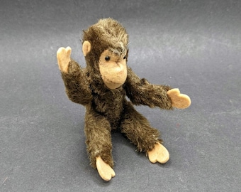 ドイツ製シュタイフ社製ミニチュア 11.5cm ジョッコ モンキー、1950年代のコレクター向けミニチュア モヘア製チンパンジーぬいぐるみ（シュタイフ社製、ボタンや国旗の識別表示なし）