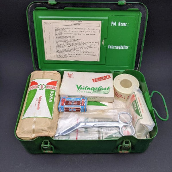 1963 German First Aid Kit for Car with Contents, Metal First Aid Box Kraftwagen, Vintage Medical Box and Supplies, Historical Film Prop.