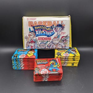 1988 USA Baseball 'Awesome All-Stars Stickers & BubbleGum' confezioni da 25 centesimi x 32 nella scatola espositiva originale, nuovi pezzi di magazzino da LEAF Inc Illinois.