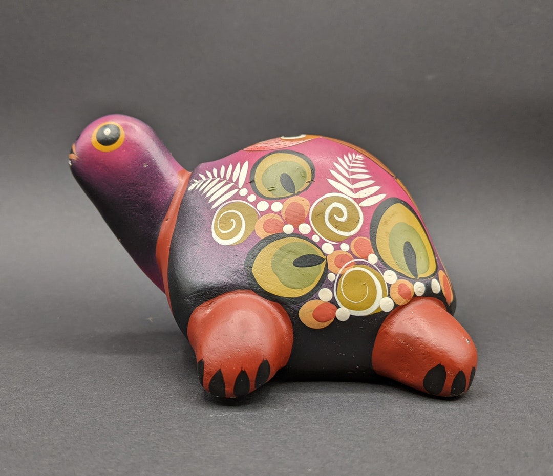 Mexican Folk Art Pottery Turtle Handpainted Floral and Owl Etsy