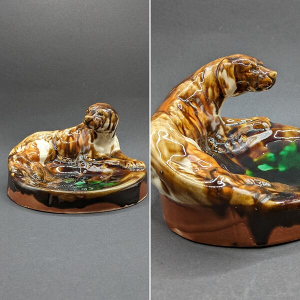 VASYLKIV MAJOLICA Hunting Dog Trinket Dish/Cendrier, vintage 1960's Ukraine Faience Color Glaze Figural Dish, Ukraine Majolica.