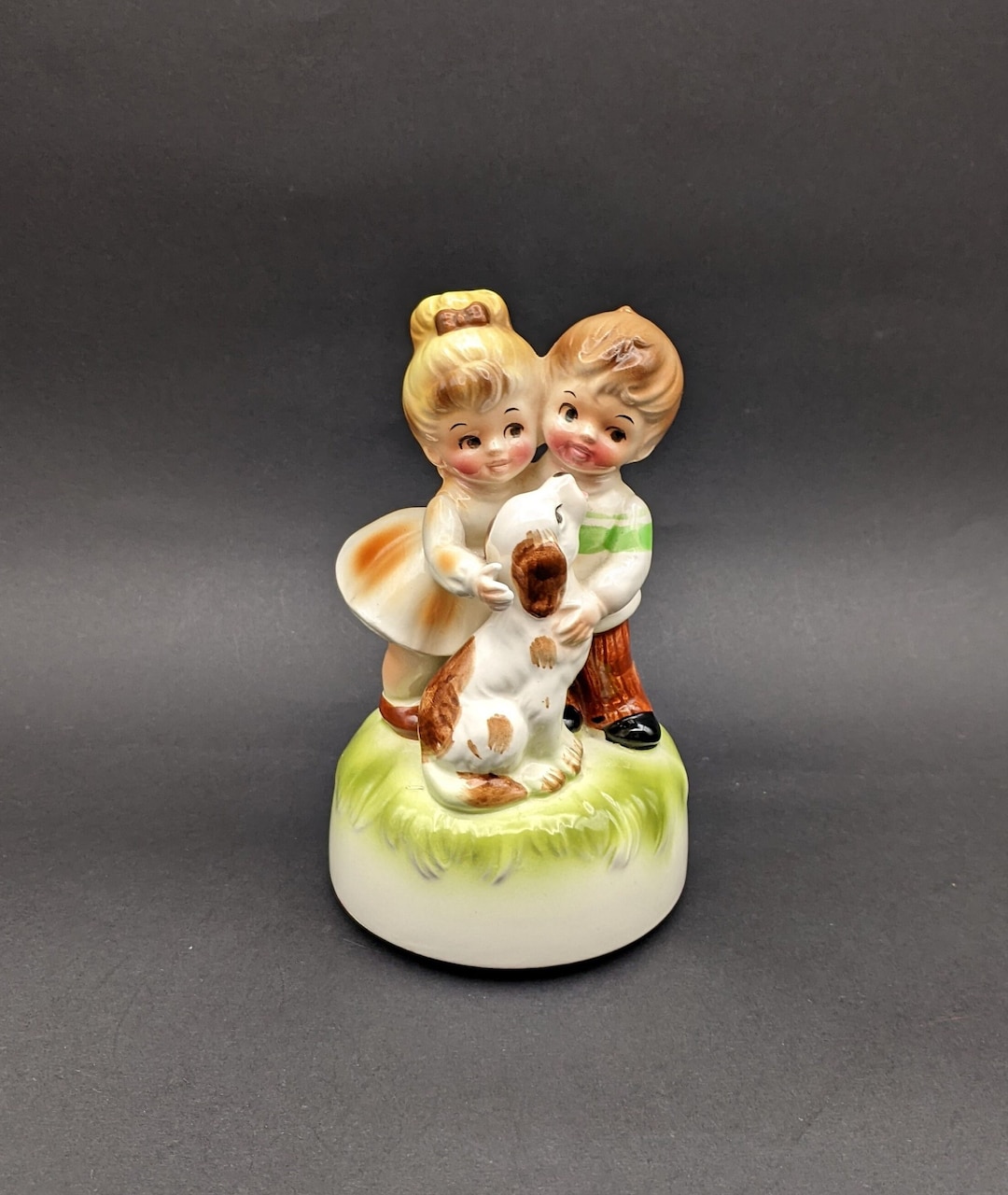 1960's Musical Revolving Couple and Dog Figurine, Kitsch Music Figure
