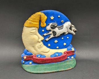 Vintage 'Cow Jumped Over Moon' Nursery Rhyme Doorstop, Solid Cast Iron Brightly Painted Themed Doorstop, Novelty Doorstopper.