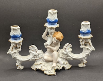 ARPO Romania Porcelain Cherub Candelabra, Vintage Classical Three Arm Candle Holder, Cobalt Blue and Gold Romanian Porcelain Candelabra.