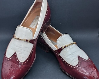 SAURO Dandy Maroon & White Leather Wingtips, Gold Detail Size 42, Vintage Italian Leather Soled Unisex Slip-on Brogues, Shoe Trees Included.