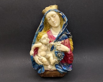 Vintage German Wax Madonna and Child Wall Hanging in Original Box, Handpainted Religious Wax Plaque, Mary and Jesus Wax Bust Made in Germany
