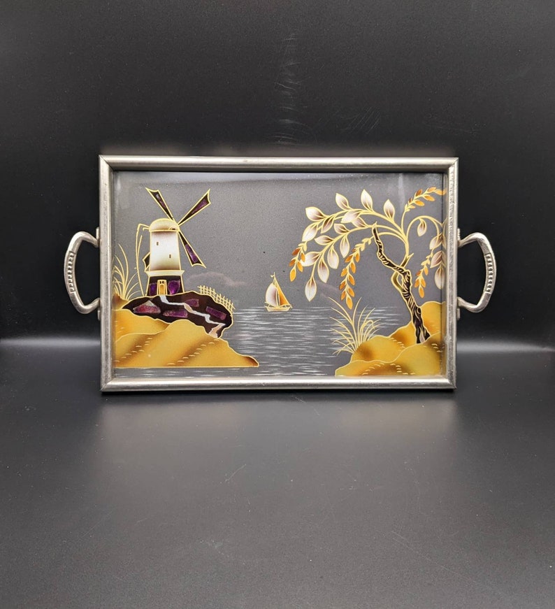 1930's Glass and Mother of Pearl Vanity Tray, Small Painted Tray With