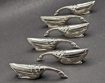 Set of Six Silverplated Goose Knife Rests, Art Deco Style Vintage Gaggle of Geese Flatware Cutlery Rests, Ornate Goose Table Decoration.