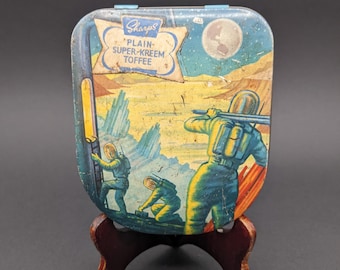 1950&#39;s SHARPS &#39;Plain Super-Kreem Toffee&#39; Astronaut Tin, Rare &#39;Edward Sharp & Son Ltd&#39; Space Travel Sweetie Tin, Space-Age Graphics Tin.