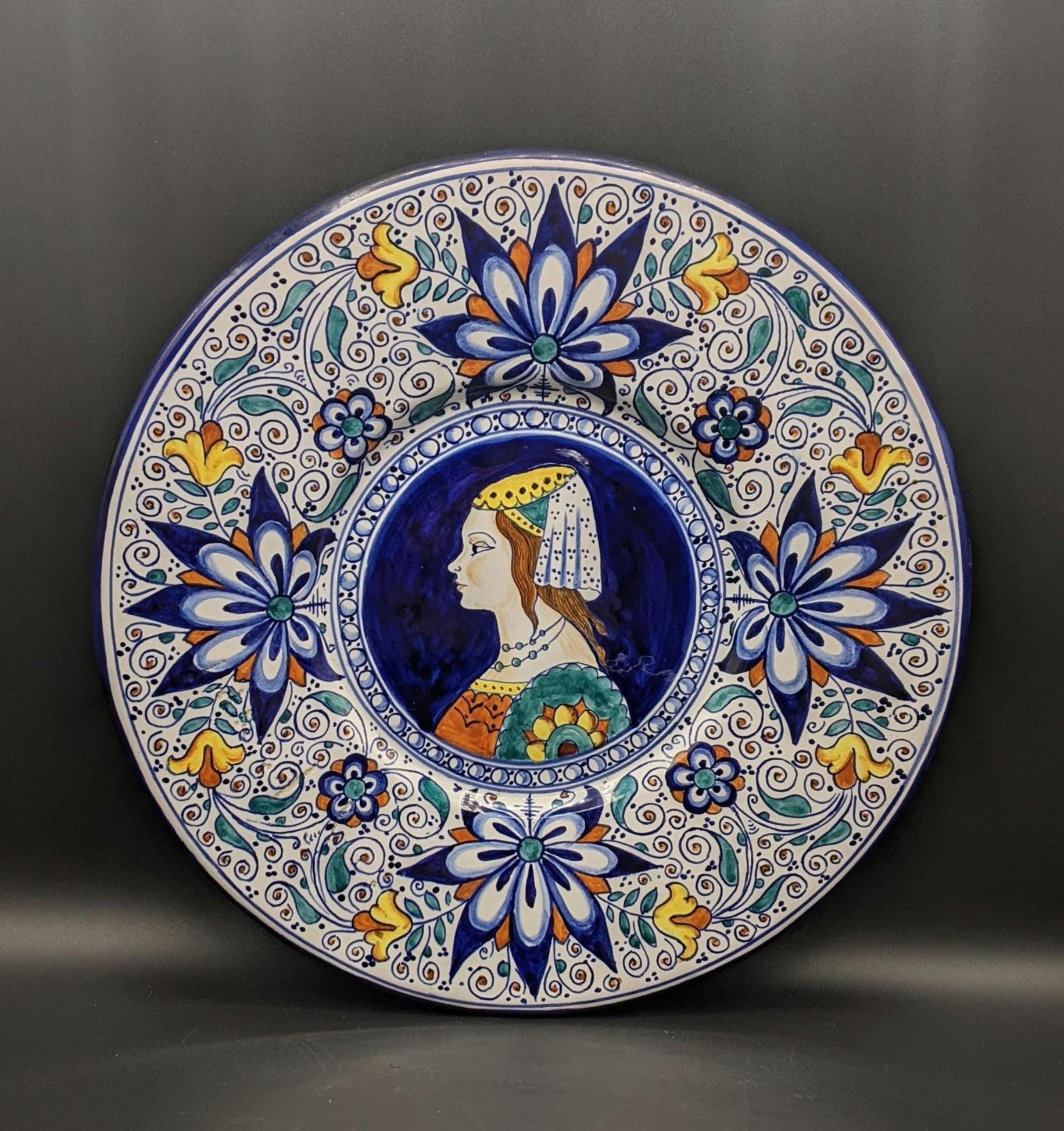 FRANCO ZAULI FAENZA Renaissance Style Wall Plate 33cm, Large Handpainted Italian Faience Wall Art Plate, Vintage Italian Majolica Plate.